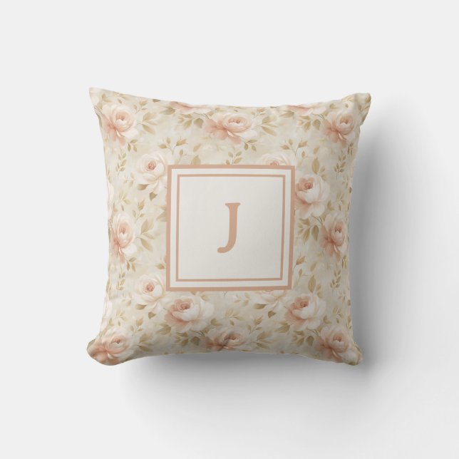 Persoonlijk Monogram – Elegante Moderne Bloemen Kussen (Voorkant)