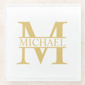 Persoonlijk monogram en naam in wit en goud glazen onderzetter (Voorkant)