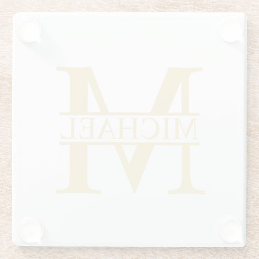 Persoonlijk monogram en naam in wit en goud glazen onderzetter (Achterkant)