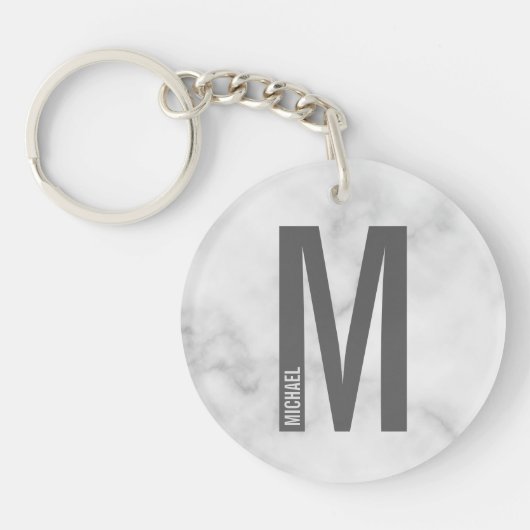 Persoonlijk Monogram en Naam in Witte Marmer Sleutelhanger (Voorkant)