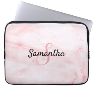 Persoonlijk monogram en naam Roze marmer Laptop Sleeve