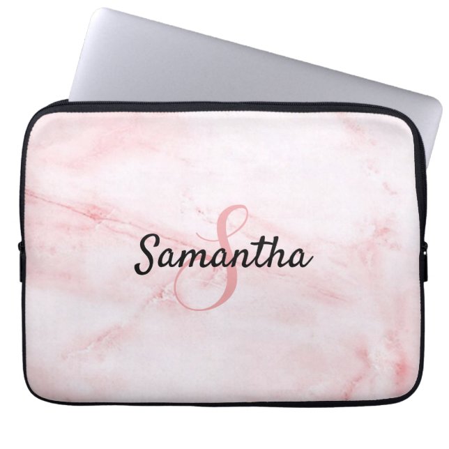 Persoonlijk monogram en naam Roze marmer Laptop Sleeve (Voorkant)