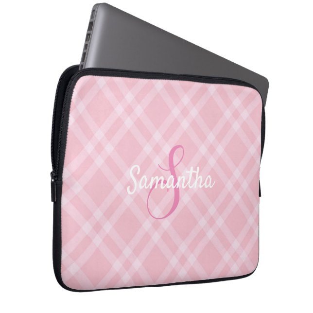 Persoonlijk monogram en naam Roze ruit Gingham Laptop Sleeve (Voorkant Rechts)