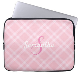 Persoonlijk monogram en naam Roze ruit Gingham Laptop Sleeve