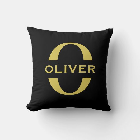 Persoonlijk monogram en naam zwart en goud kussen (Voorkant)