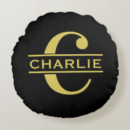 Persoonlijk Monogram en Naam Zwart en Goud Rond Kussen