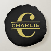 Persoonlijk Monogram en Naam Zwart en Goud Rond Kussen (Achterkant)