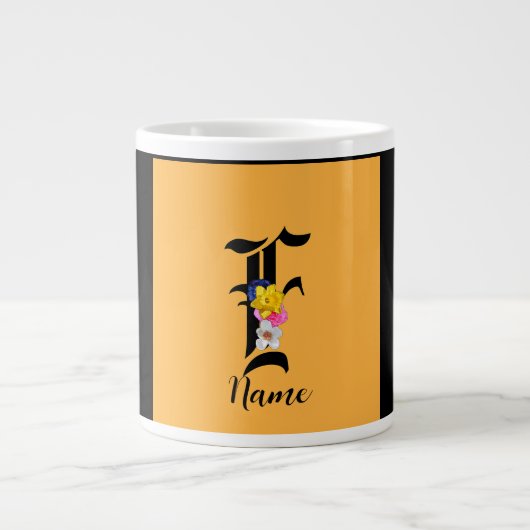 Persoonlijk Monogram F Bloem Zwart Grote Koffiekop (Voorkant)