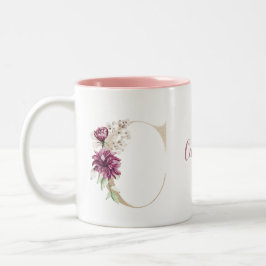 Persoonlijk monogram gouden letter C roze bloemen  Tweekleurige Koffiemok