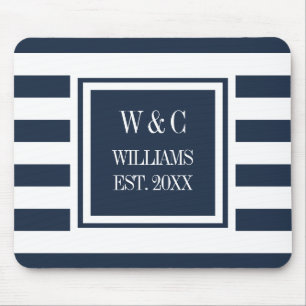 Persoonlijk monogram in marineblauw met witte stre muismat