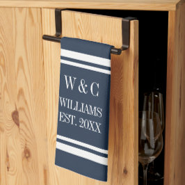 Persoonlijk monogram in marineblauw met witte stre theedoek