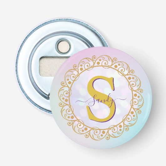 Persoonlijk Monogram Mandala Goud en Blauw Button Flesopener (Voorkant)