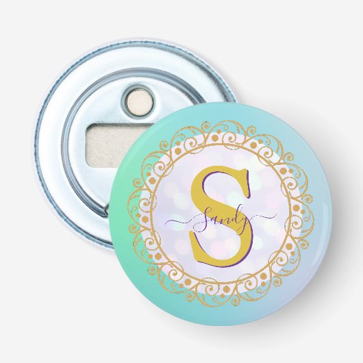 Persoonlijk Monogram Mandala Goud en Blauw Button Flesopener (Voorkant)