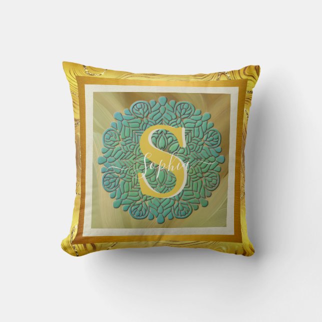 Persoonlijk Monogram Mandala Goud en Blauw Kussen (Voorkant)