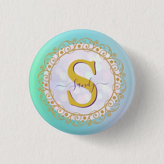 Persoonlijk Monogram Mandala Goud en Blauw Ronde Button 3,2 Cm (Voorkant)