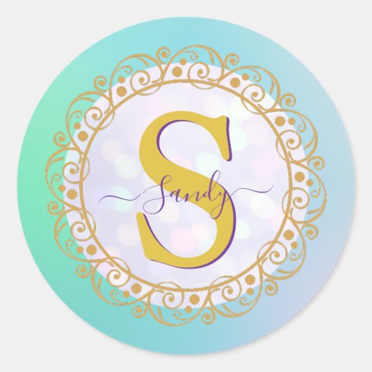 Persoonlijk Monogram Mandala Goud en Blauw Ronde Sticker (Voorkant)