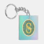 Persoonlijk Monogram Mandala Goud en Blauw Sleutelhanger (Voorkant Links)