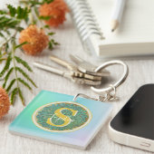 Persoonlijk Monogram Mandala Goud en Blauw Sleutelhanger (Voorkant Rechts)