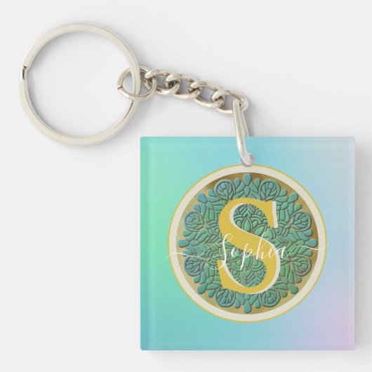 Persoonlijk Monogram Mandala Goud en Blauw Sleutelhanger (Voorkant)