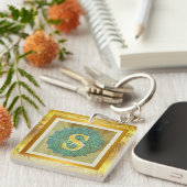 Persoonlijk Monogram Mandala Goud en Blauw Sleutelhanger (Voorkant Rechts)