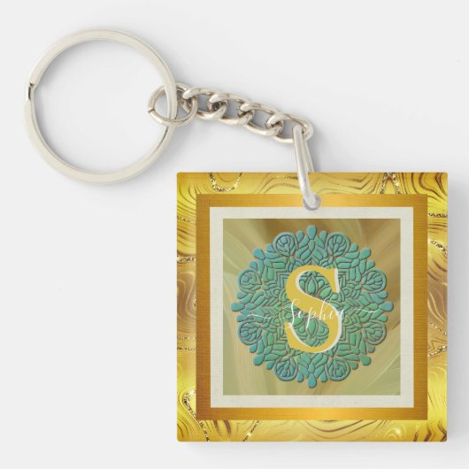 Persoonlijk Monogram Mandala Goud en Blauw Sleutelhanger (Voorkant)
