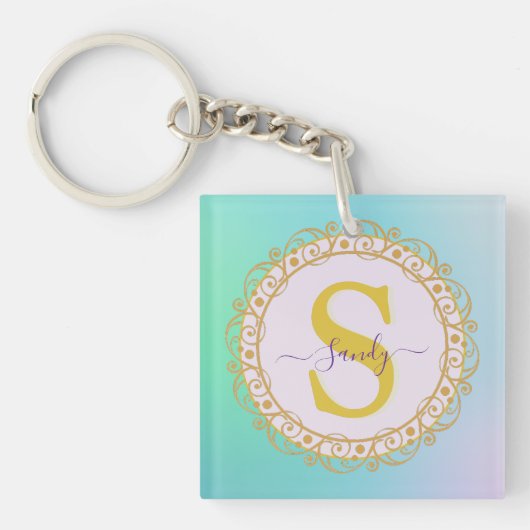 Persoonlijk Monogram Mandala Goud en Blauw Sleutelhanger (Voorkant)