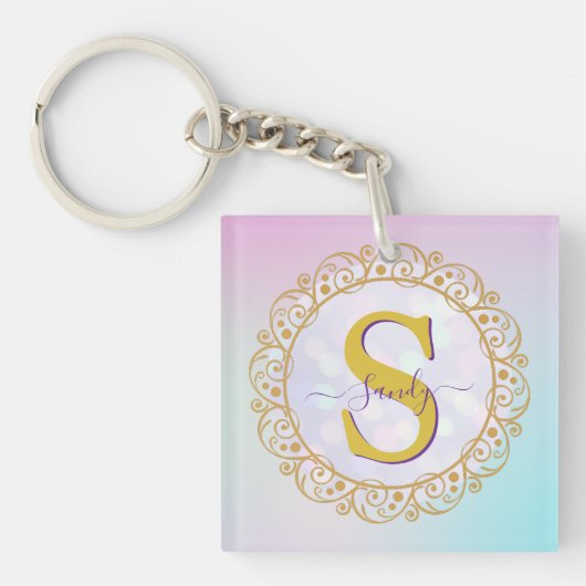 Persoonlijk Monogram Mandala Goud en Blauw Sleutelhanger (Voorkant)
