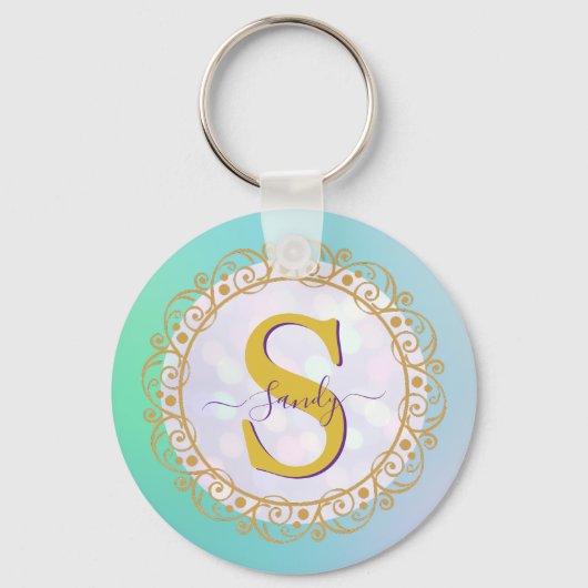 Persoonlijk Monogram Mandala Goud en Blauw Sleutelhanger (Voorkant)