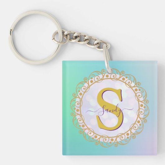 Persoonlijk Monogram Mandala Goud en Blauw Sleutelhanger (voorkant)