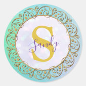 Persoonlijk monogram mandala goud en turquoise ronde sticker (Voorkant)