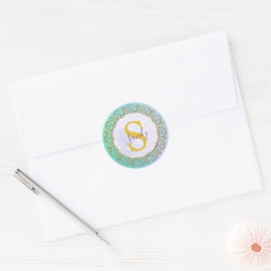Persoonlijk monogram mandala goud en turquoise ronde sticker (Envelop)