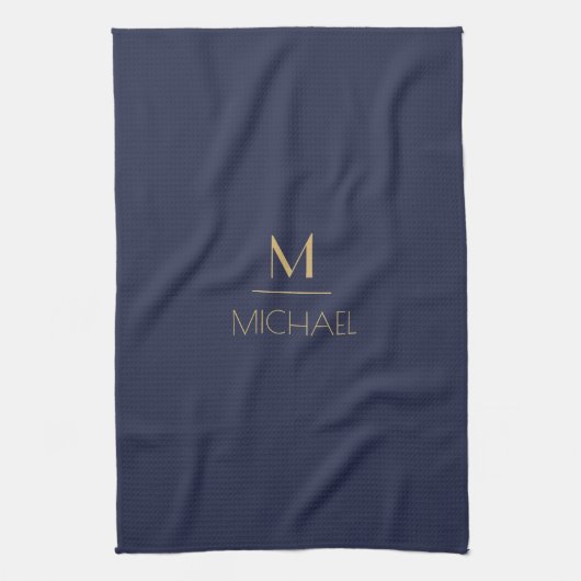 Persoonlijk Monogram | Naam Marineblauw & Goud Theedoek (Verticaal)