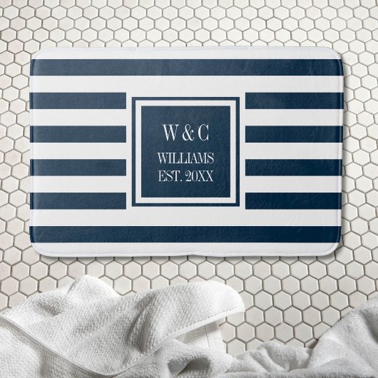 Persoonlijk monogram Navy blauw wit gestreept Badmat