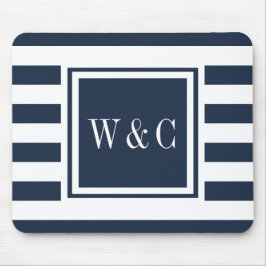 Persoonlijk monogram Navy blauw wit gestreept Muismat