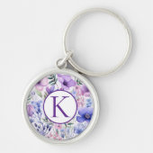 Persoonlijk Monogram Paars Bloemmotief Elegant Sleutelhanger (Voorkant)