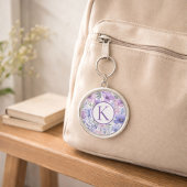 Persoonlijk Monogram Paars Bloemmotief Elegant Sleutelhanger