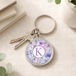 Persoonlijk Monogram Paars Bloemmotief Elegant Sleutelhanger