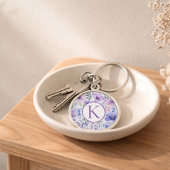 Persoonlijk Monogram Paars Bloemmotief Elegant Sleutelhanger