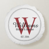 Persoonlijk monogram pasgehuwd rood rond kussen (Achterkant)