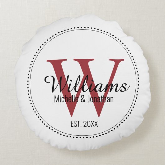 Persoonlijk monogram pasgehuwde rood  rond kussen (Achterkant)