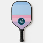 Persoonlijk monogram pastelroze en blauwe streep pickleball paddle (Voorkant)