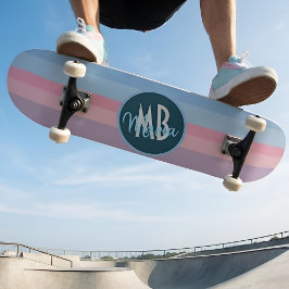 Persoonlijk monogram pastelroze en blauwe streep skateboard
