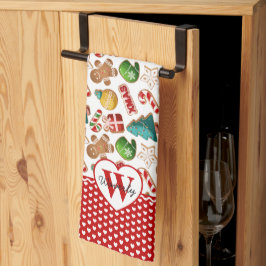 Persoonlijk Monogram Rode Harten Peperkoek Kerstmi Theedoek