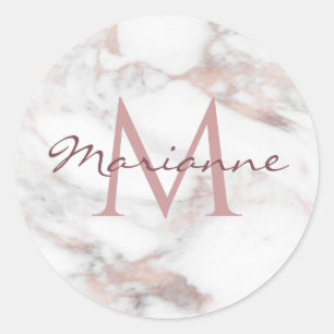 Persoonlijk Monogram Roze Goud Marmer Modern Ronde Sticker