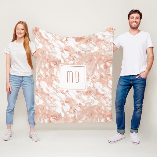 Persoonlijk monogram roze goud wit marmer fleece deken (In situ)