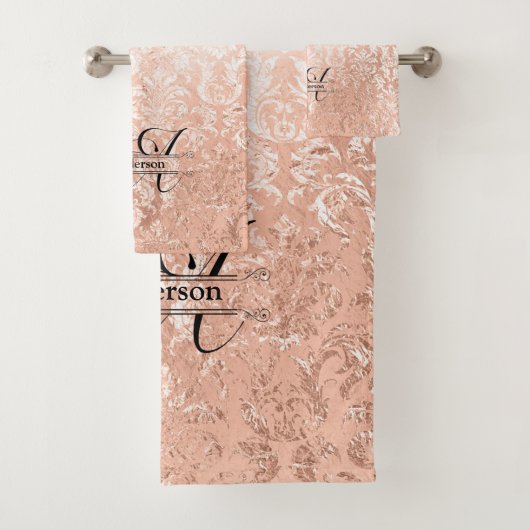 Persoonlijk monogram roze gouden damast bad handdoek (Insitu)