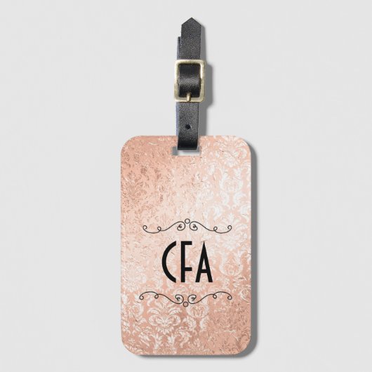 Persoonlijk monogram roze gouden damast bagagelabel (Voorkant (verticaal))