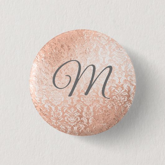 Persoonlijk monogram roze gouden damast ronde button 3,2 cm (Voorkant)
