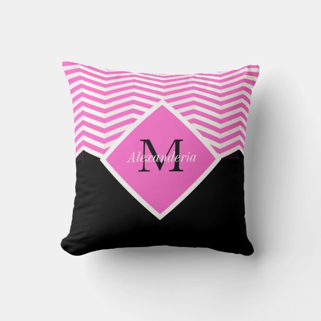 Persoonlijk monogram roze witte chevron Worp Kusse Kussen (Voorkant)