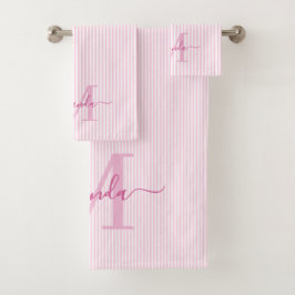 Persoonlijk Monogram Roze & Witte Strepen Bad Handdoek